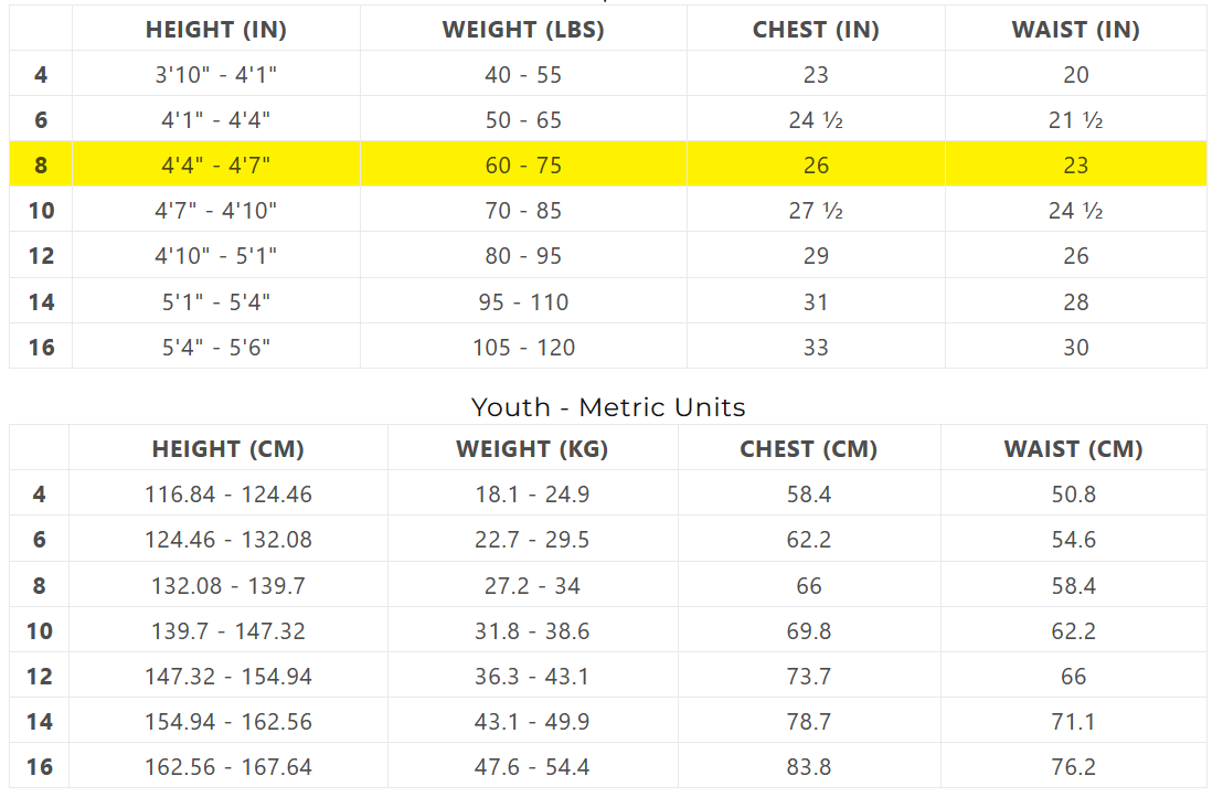 XCEL JUNIOR WETSUITS 24 0 Matentabel